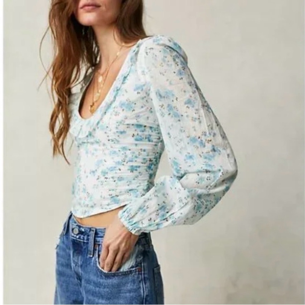 Free People Floral Ruffle Crop Top Blue Boho Peasant Blouse NWT Medium